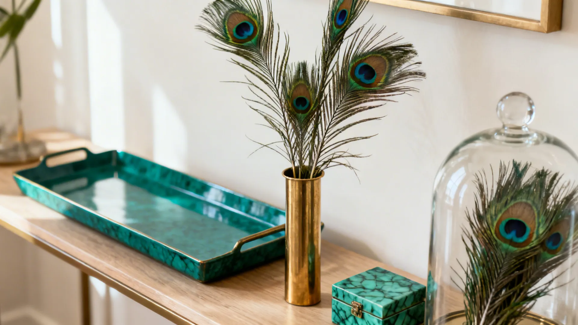 Slim brass vase with peacock feathers on a console with a teal tray and malachite box.