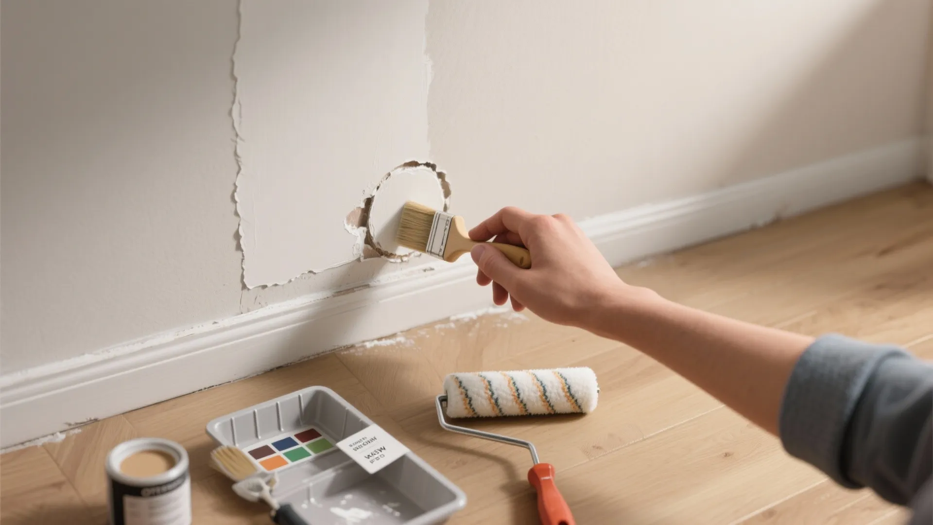 A person uses a small brush to repair a hole in the white wall panel