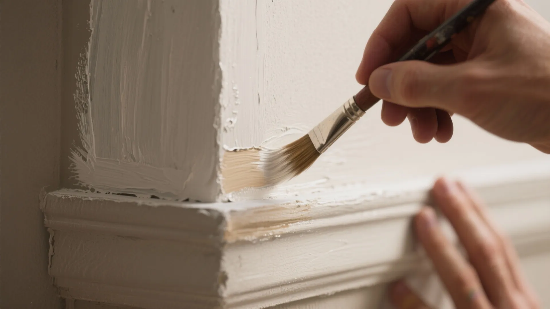 Hand using a small brush to apply white paint on a decorative wall panel corner