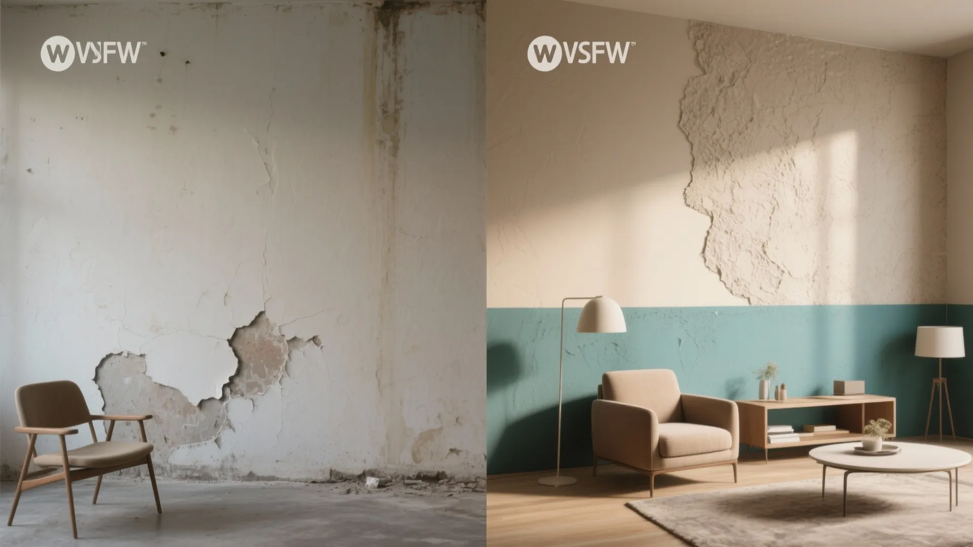 Before and after comparison of a damaged wall versus a decorated room with teal paint