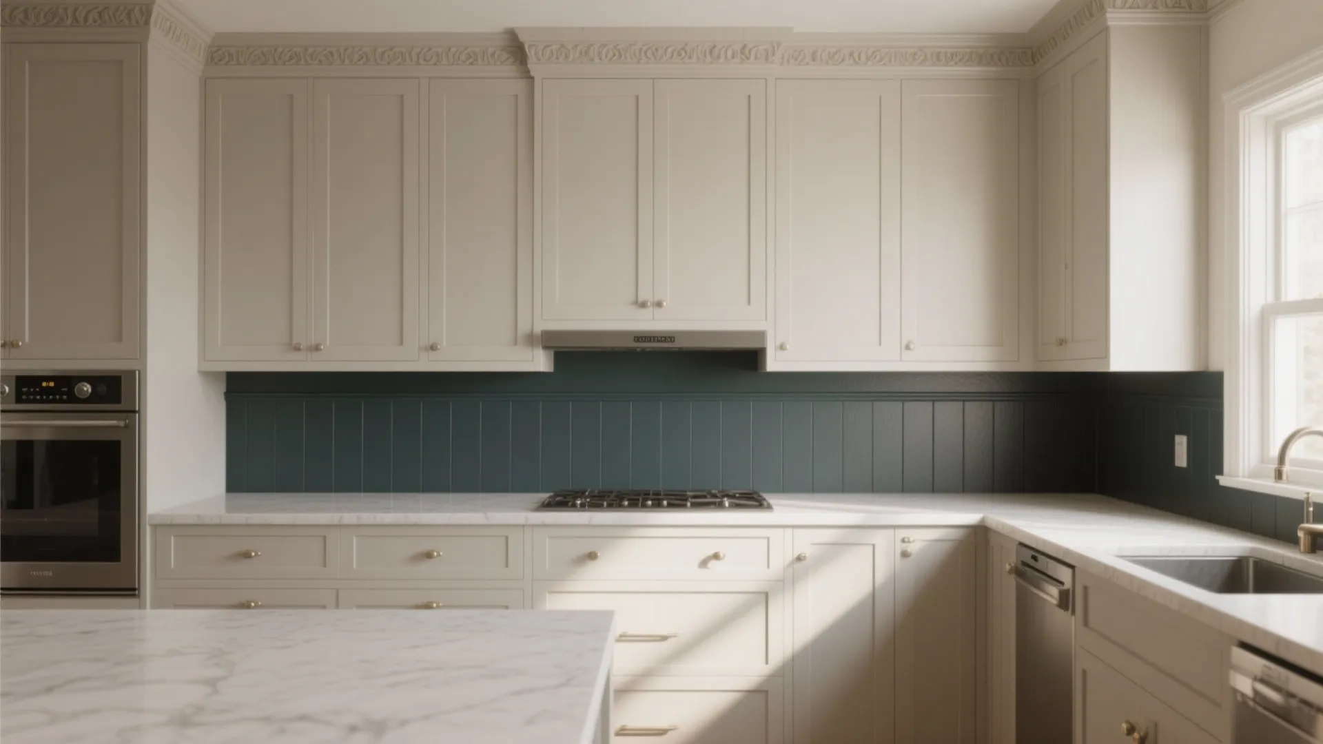 Contrasting painted feature band and decorative molding above kitchen cabinets