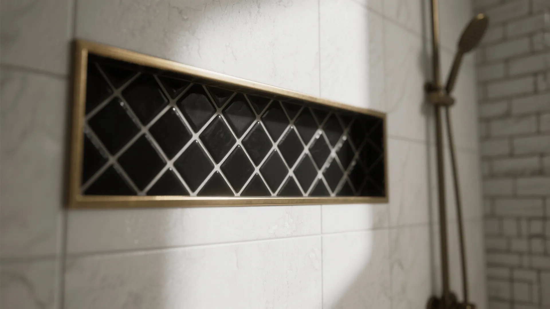 Macro detail of a slim black-and-brass herringbone feature band wrapping a crisp shower niche.