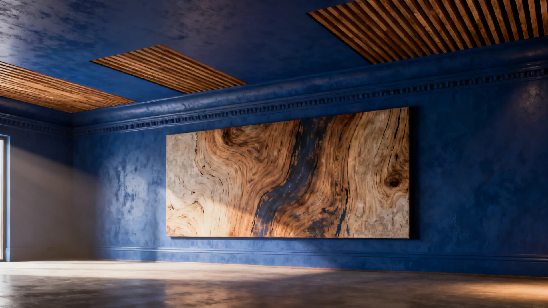 Deep blue ceiling with wood slats and a textured feature wall anchoring the living room.
