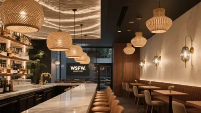 Modern Bar Interior with Woven Pendant Lights & Warm Ambiance