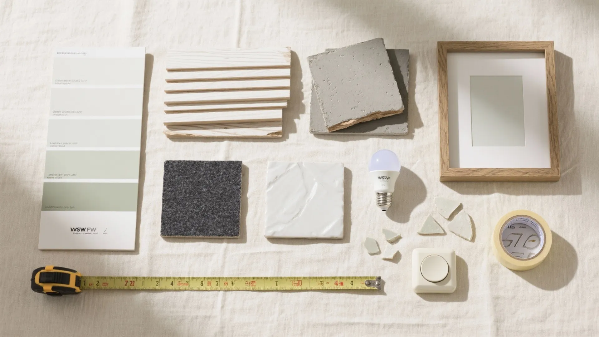 Top-down flat lay of paint swatches, limewash and microcement samples, oak slats, porcelain chips, LED bulbs, and framing tools.