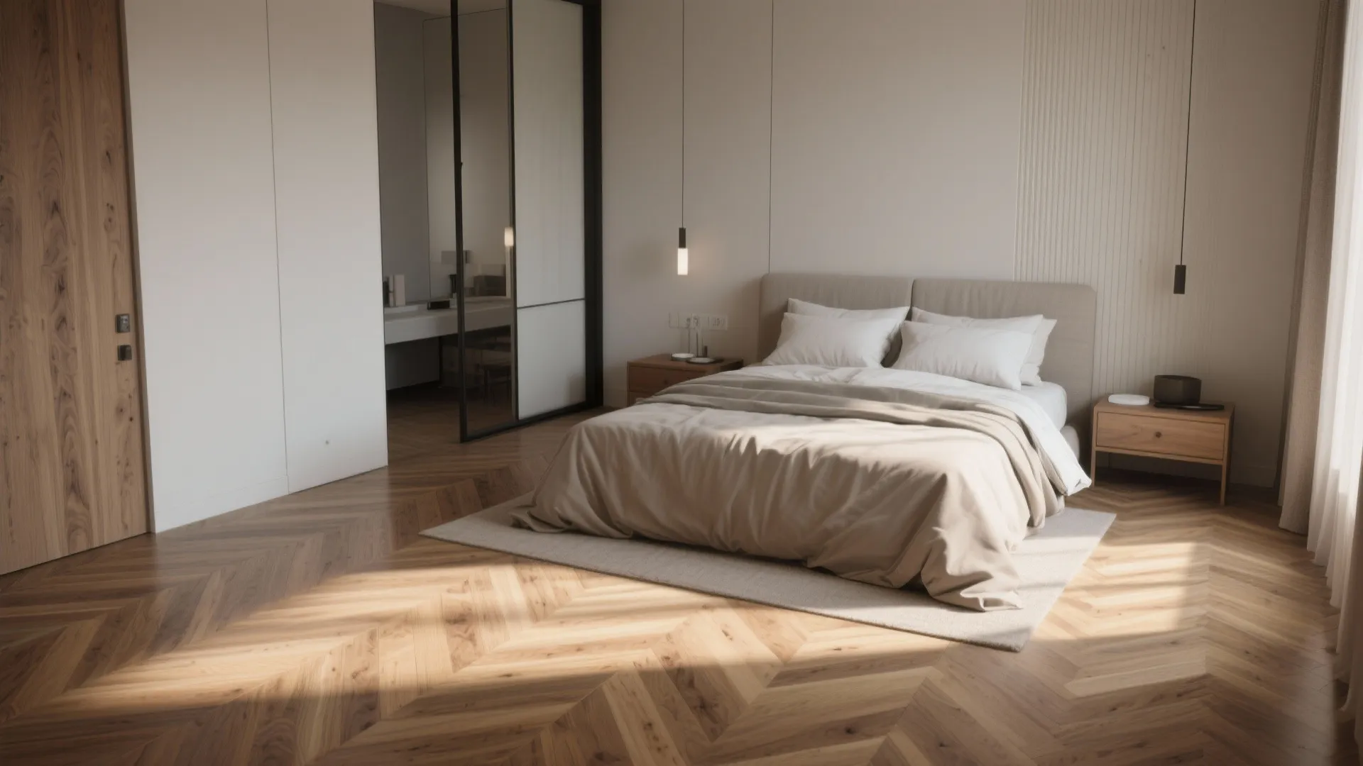 Modern bedroom with wooden floor in herringbone pattern beige bed light grey rug and sliding door
