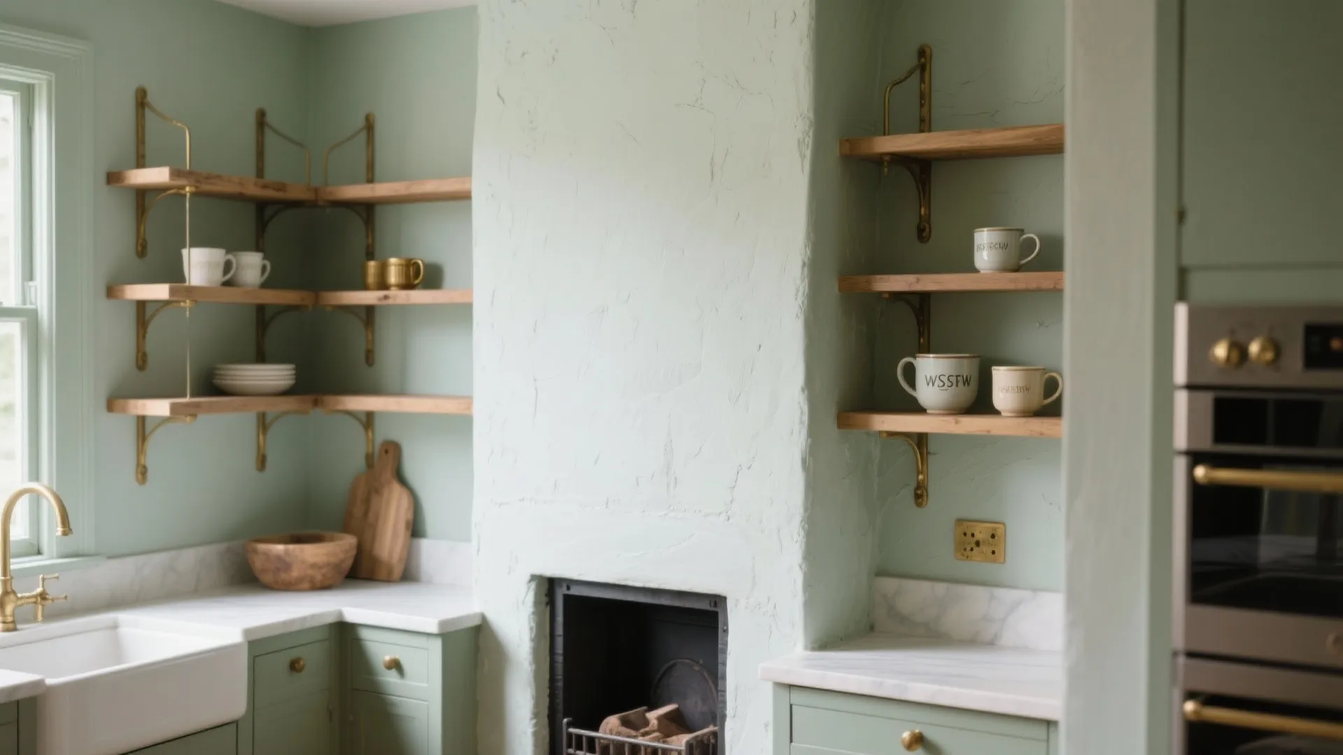 Kitchen nook with a limewash feature wall behind open wood shelving, brass accents and soft daylight.