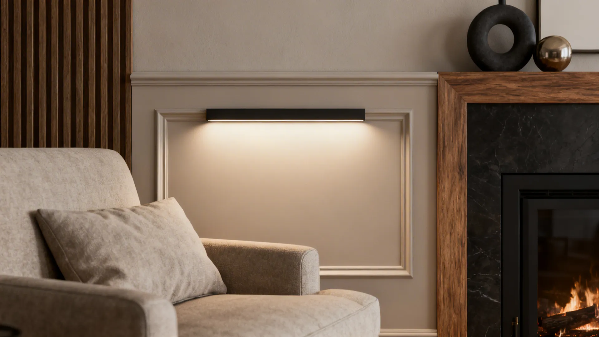 Detail of a two-tone feature panel behind a sofa and fireplace with precise paint edges and accent lighting.