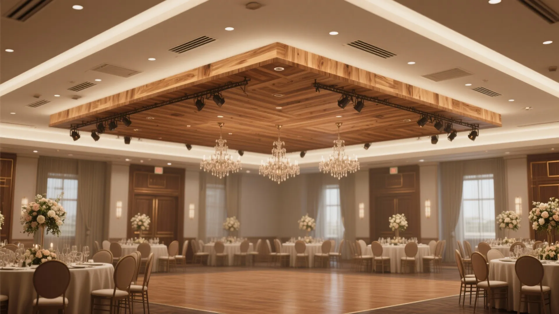 Elegant ballroom with wood ceiling panel ceiling lights round tables chairs and flower centerpieces on floor