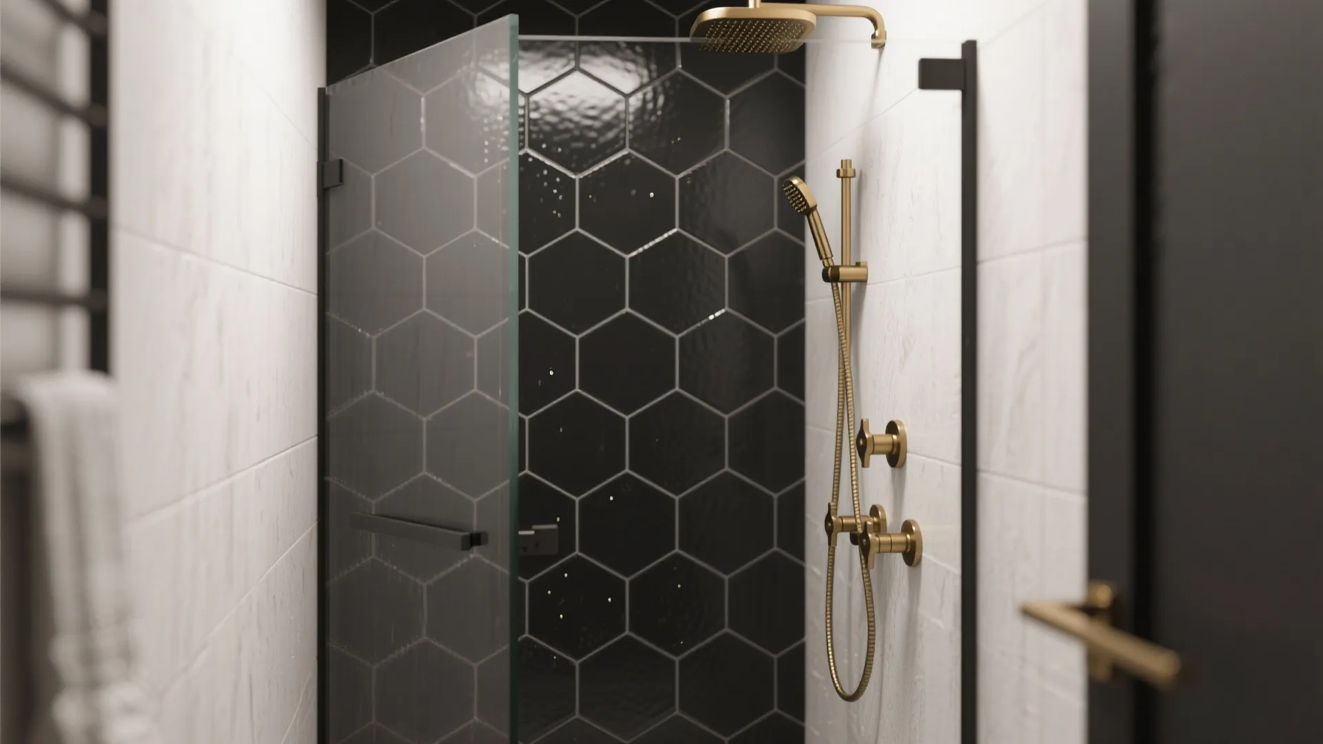 2. Feature shower wall in matte black hexagon
