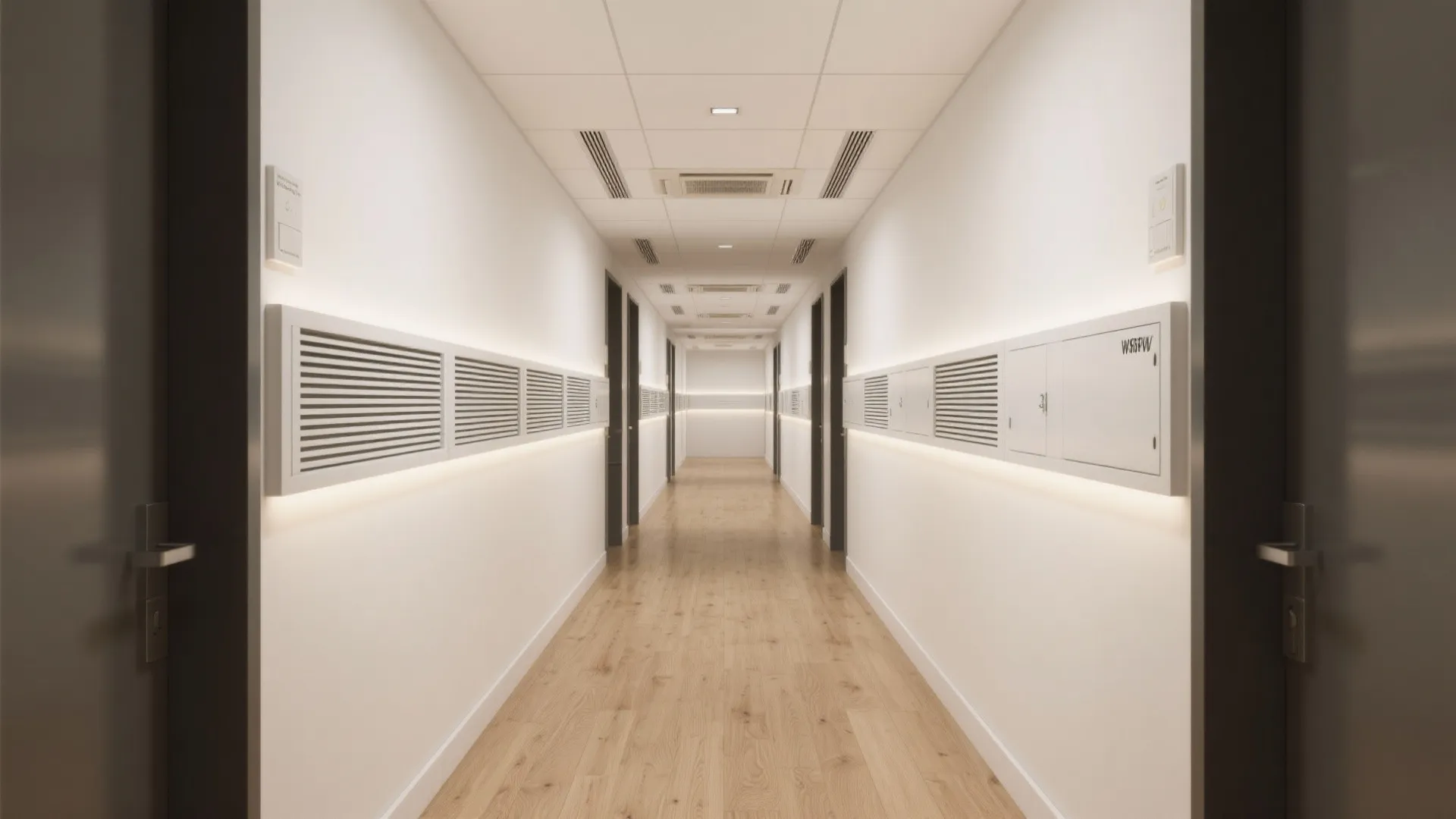 Feature strip ceiling with integrated vents and access panels