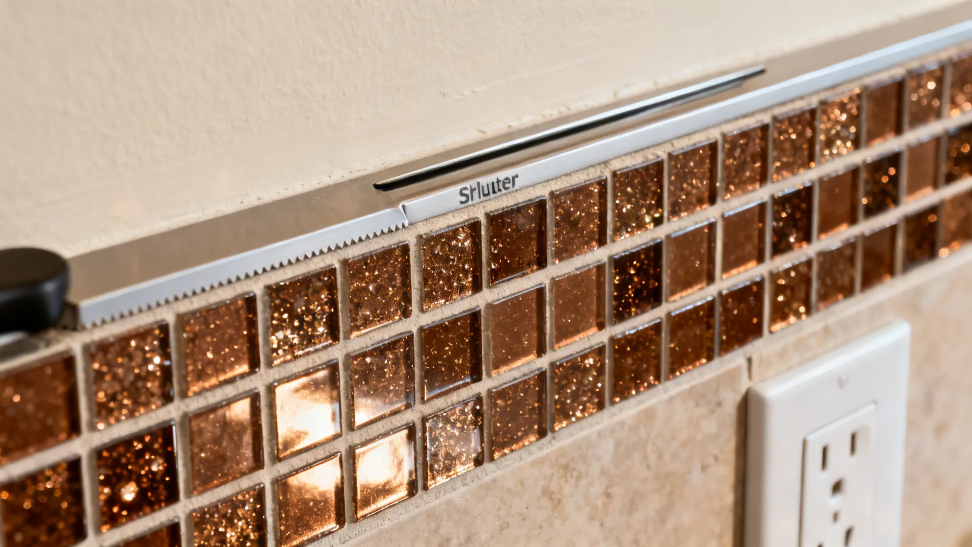Macro of bronze-flecked mosaic strip with clean metal edging and aligned outlets.