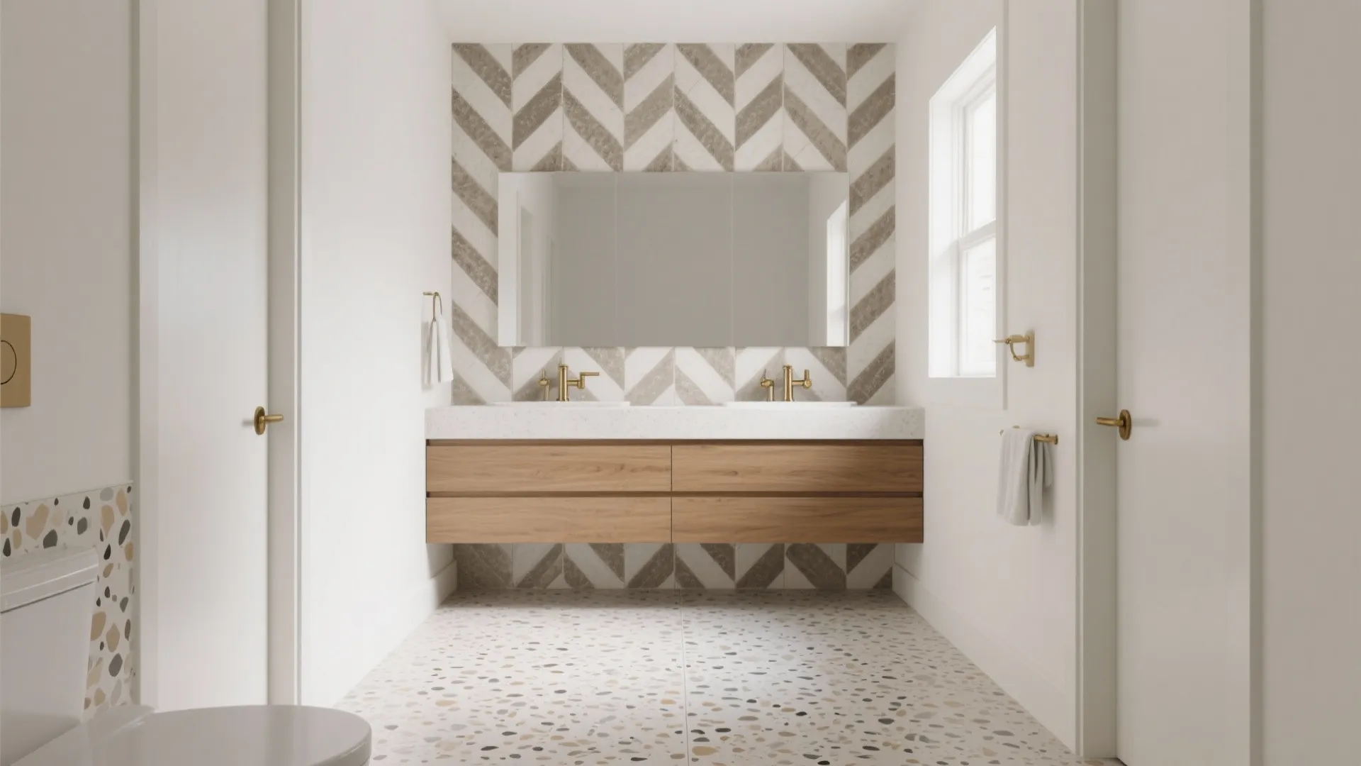 Modern bathroom with double wooden cabinet large mirror and zigzag pattern wall with terrazzo flooring