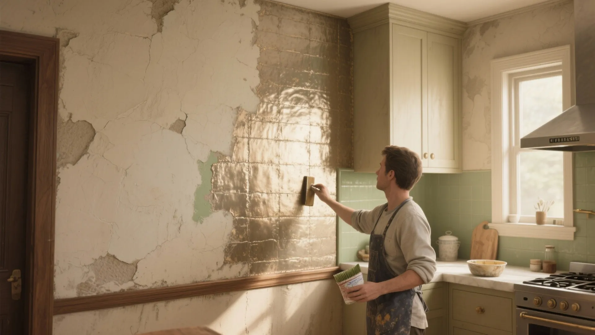 Man applying gold wallpaper tiles to a damaged kitchen wall during a home renovation project