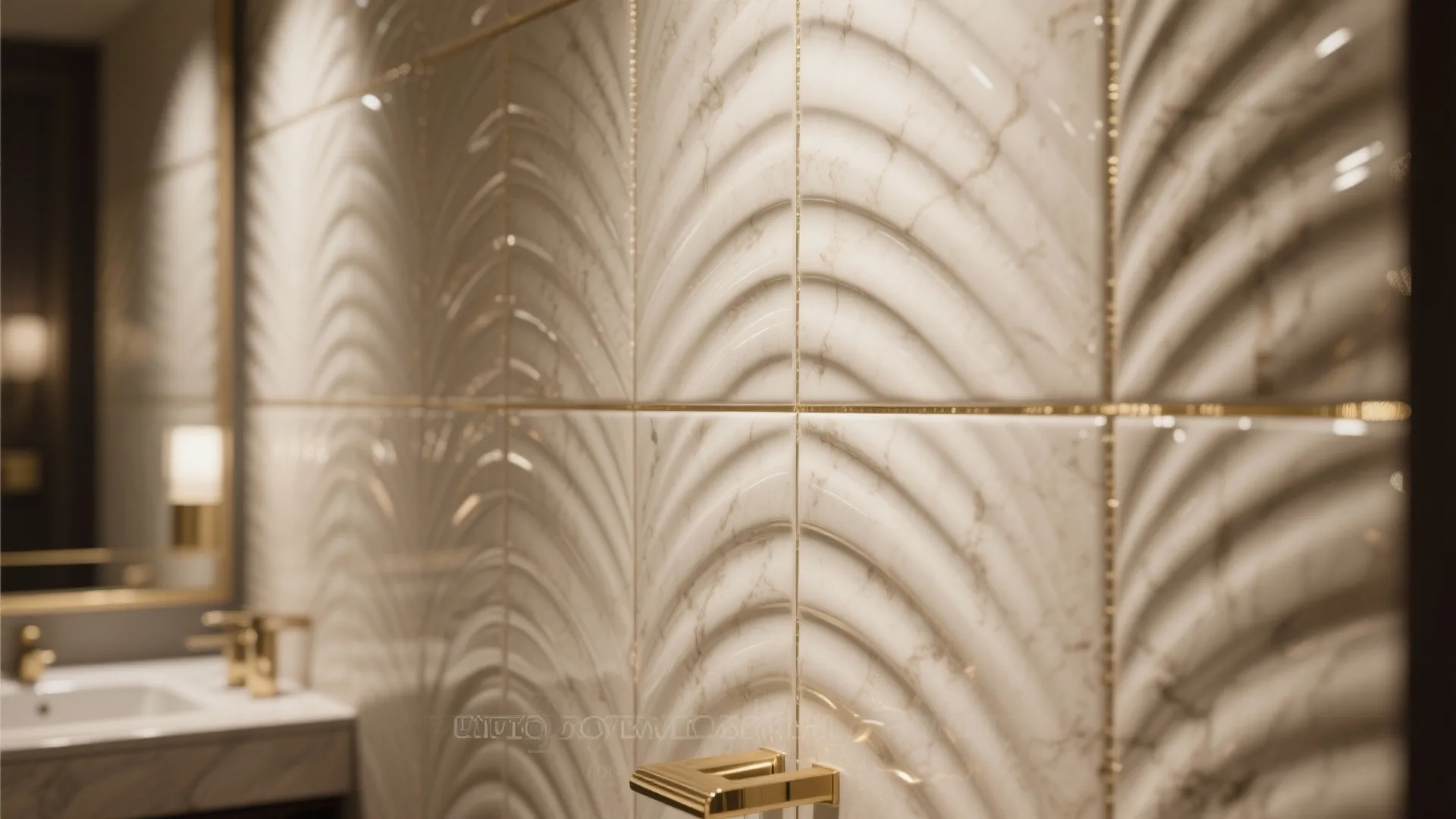 White marble bathroom wall tiles with gold pattern and textured surface near gold sink faucet