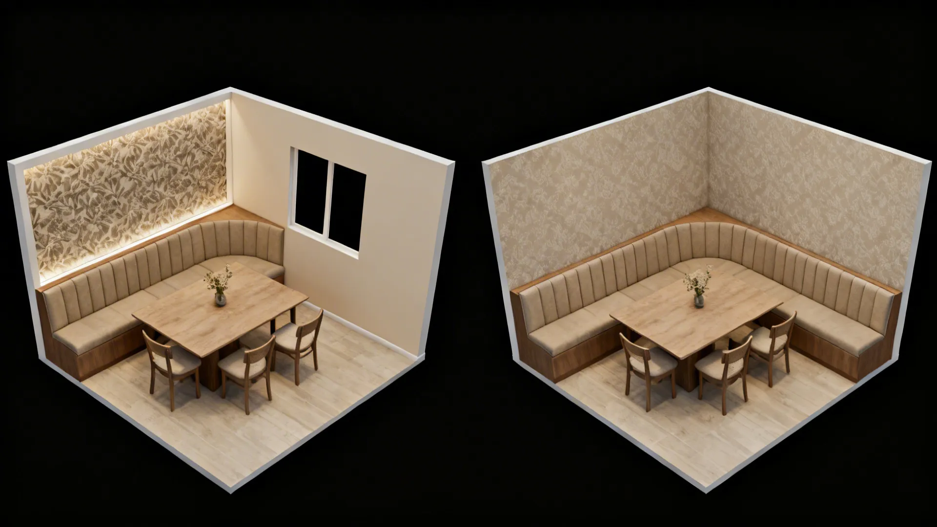 Top-down comparison of a dining room with a feature wall versus a full wallpaper wrap.