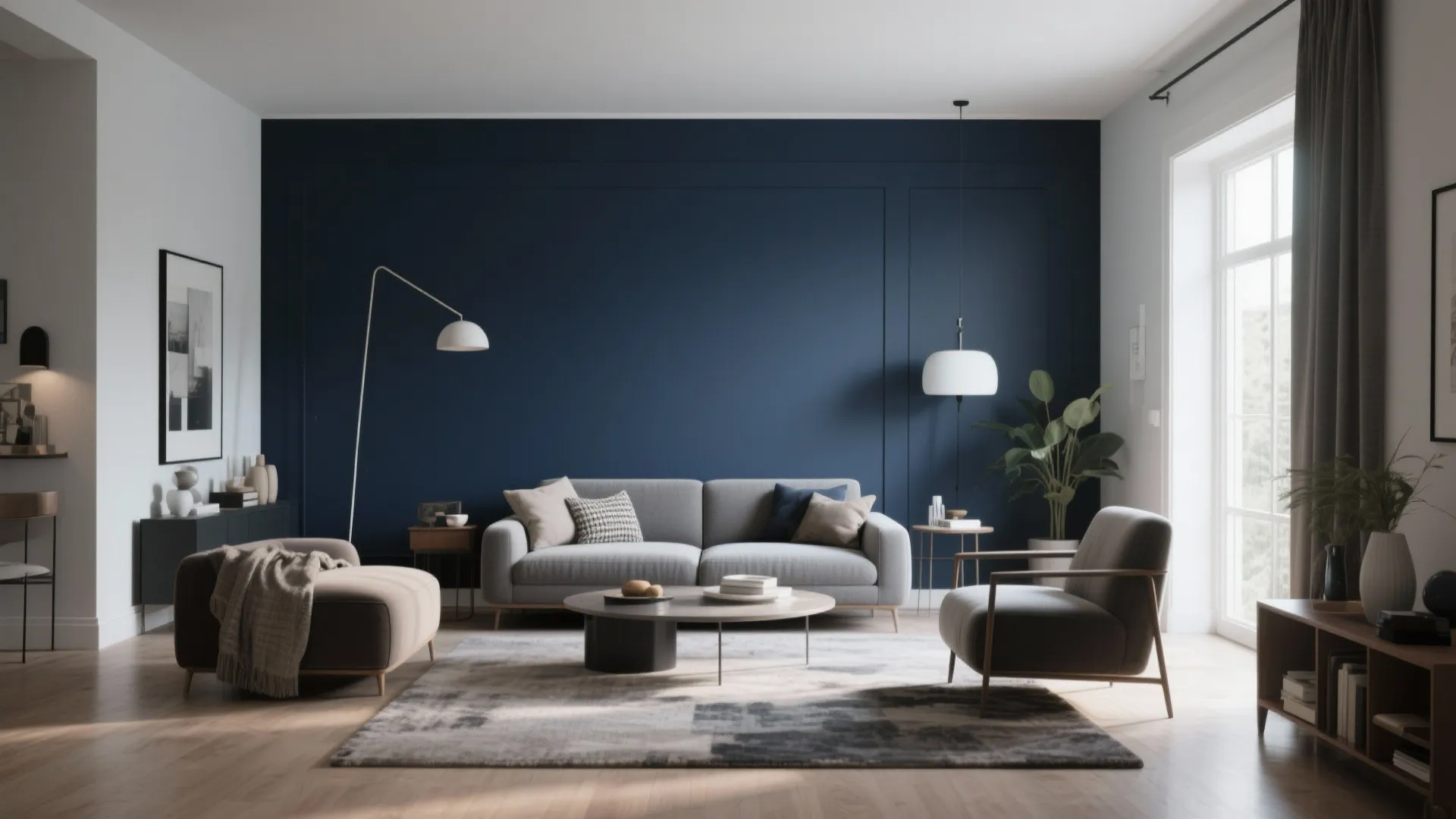 Modern living room with dark blue wall panel grey sofa floor lamp and large area rug