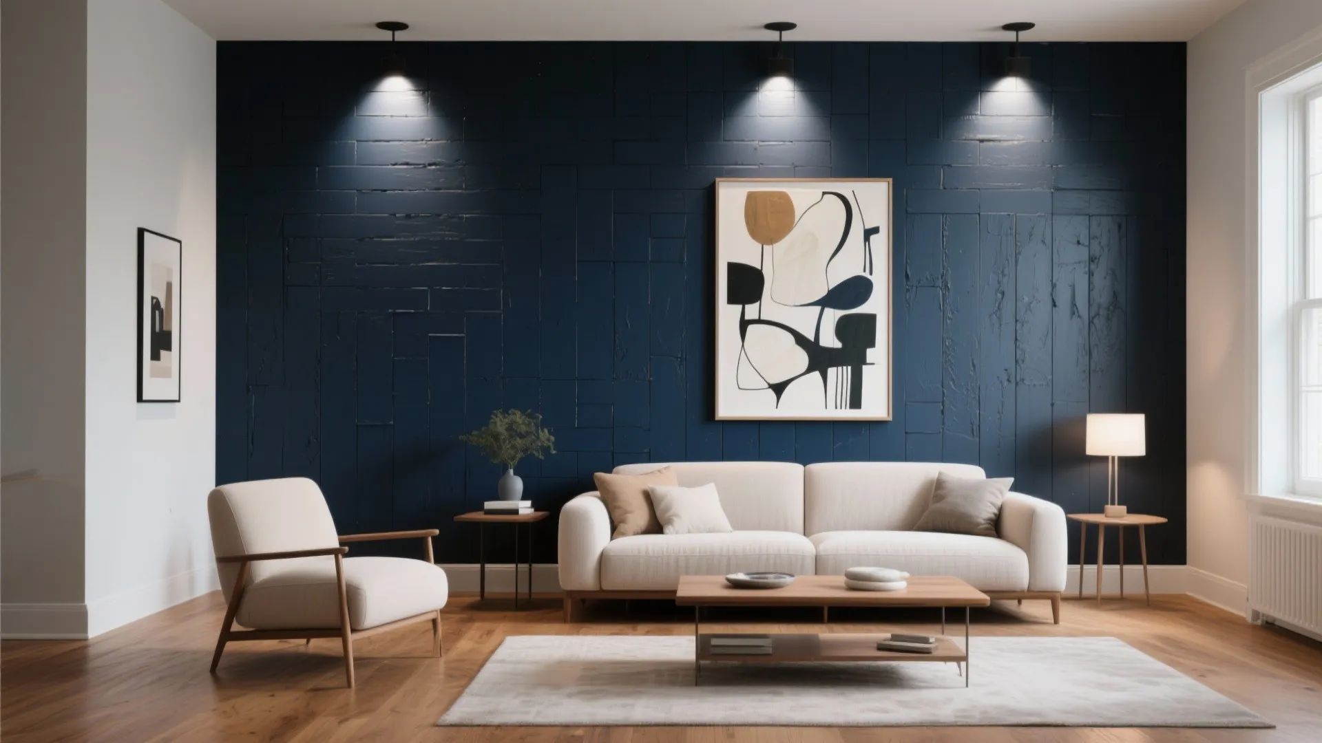 Modern living room with dark blue wall panel, cream sofa, wooden floor, and wall light