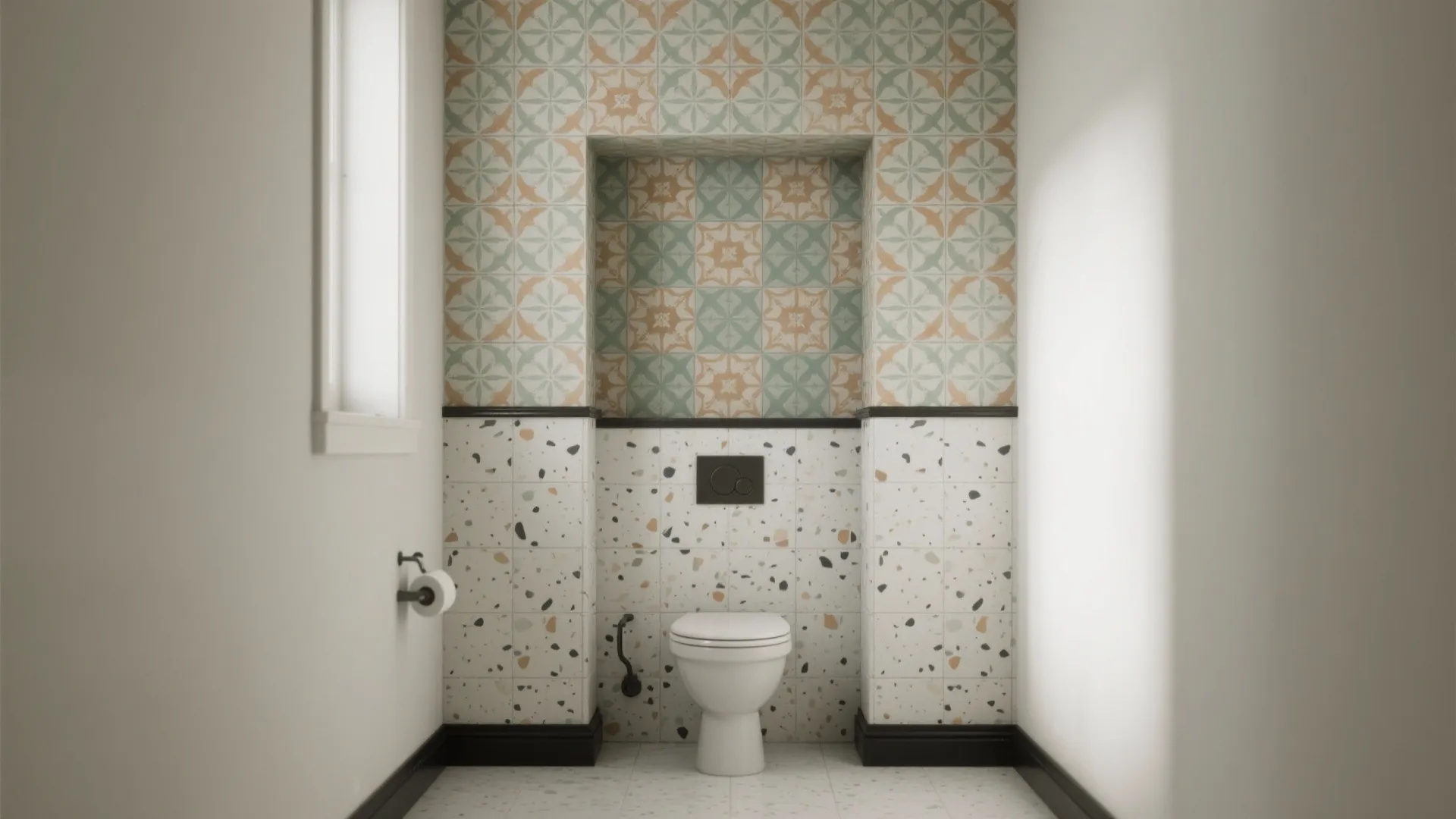 White toilet in a bathroom with patterned green wall tiles and speckled stone wall panels
