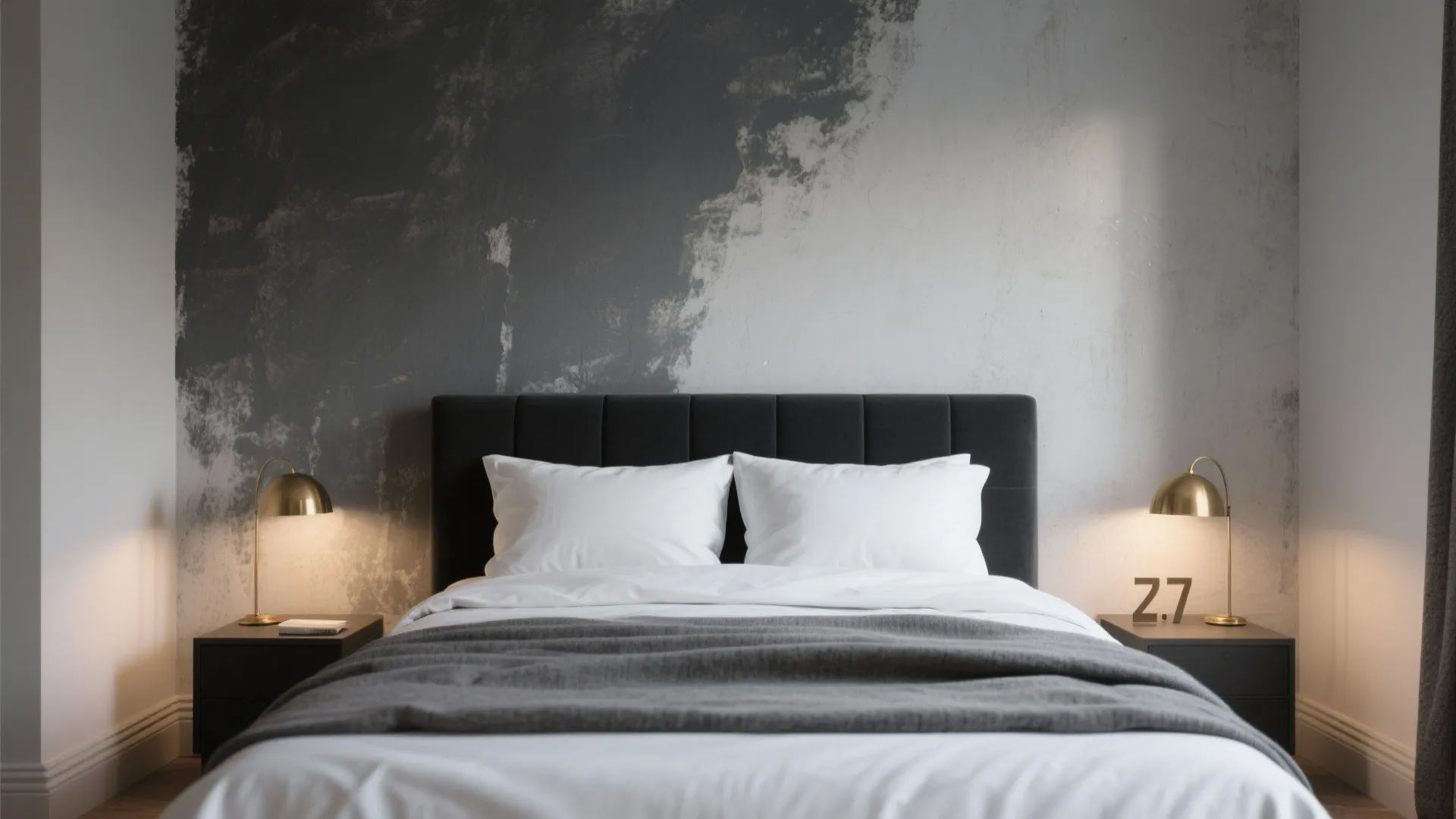 Modern bedroom with dark headboard white pillows grey blanket gold desk lamps and textured wall