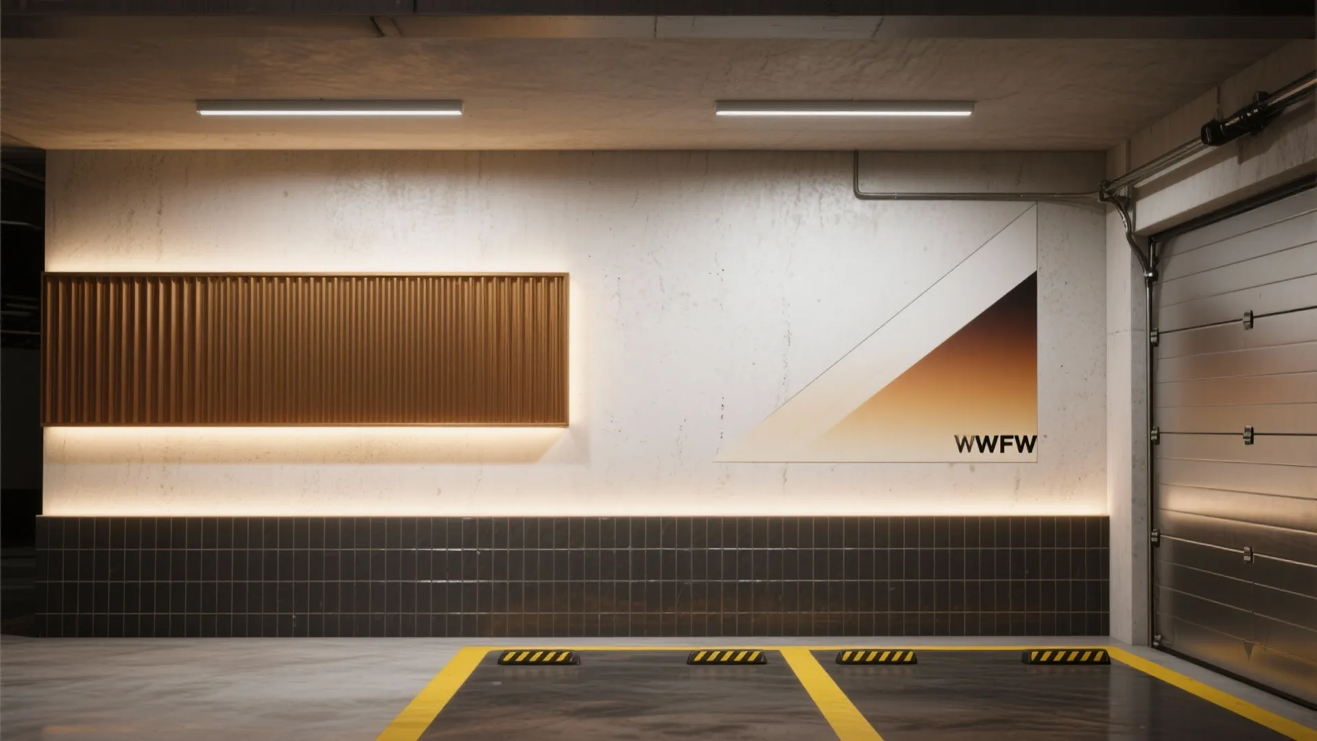Modern garage feature wall with wood panel dark tiles light fixtures and yellow parking lines