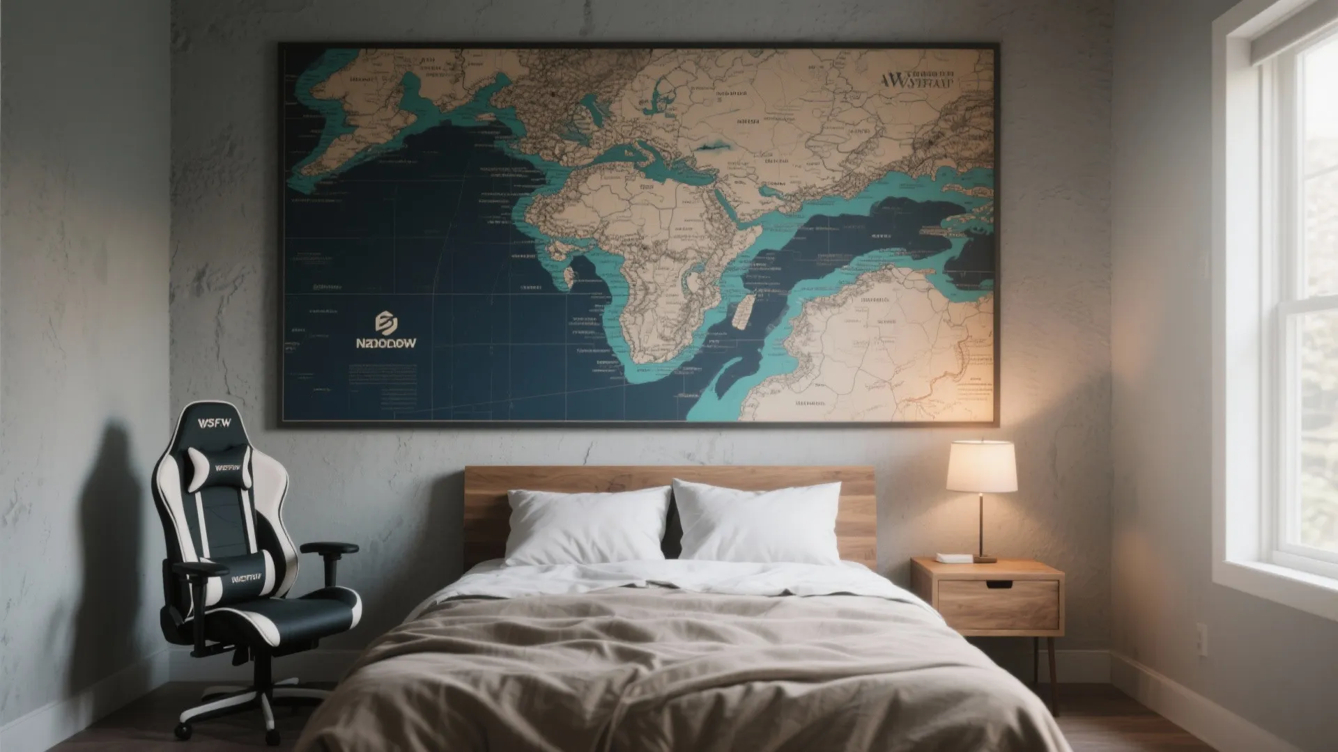 Bedroom with large world map wall art wooden bed gaming chair bedside table and lamp