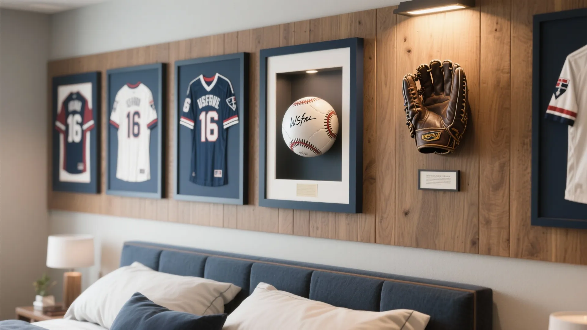 Sports themed bedroom wall panel featuring framed jerseys with a baseball and a leather glove