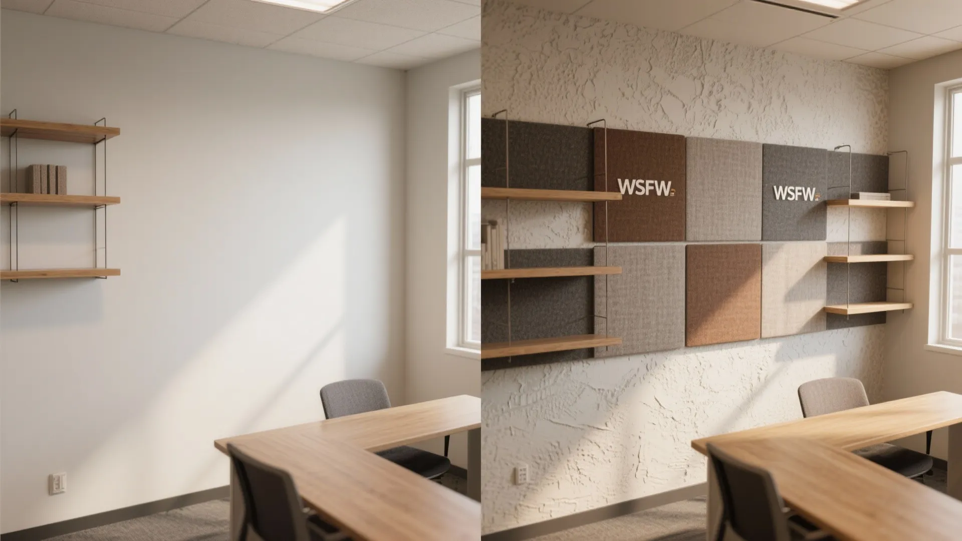 Before-and-after feature wall showing plain paint versus textured acoustic panels and shelving as branding and sound buffer.