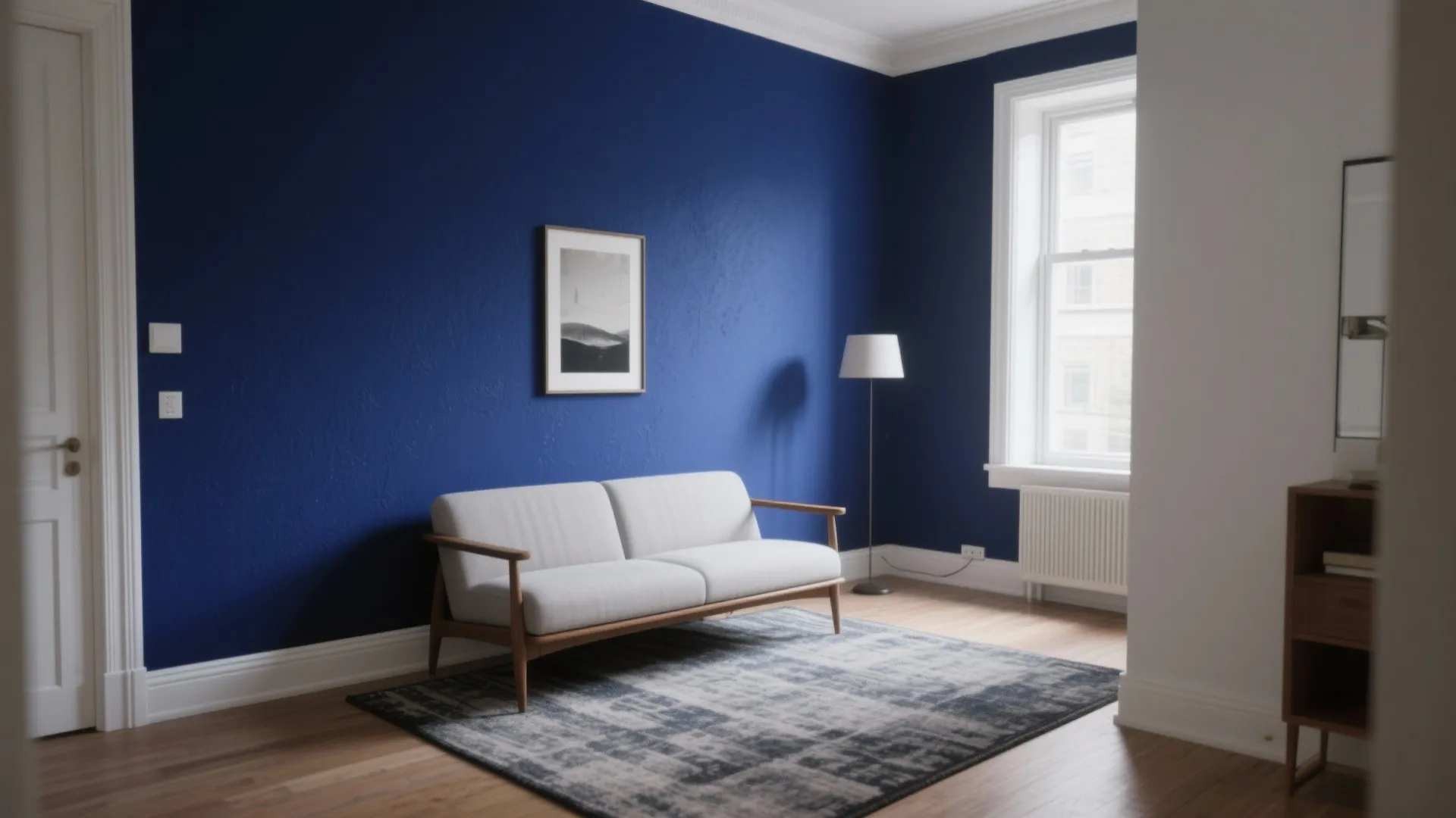 Small living room with a saturated feature wall and crisp off-white trim creating depth and a clear focal point.
