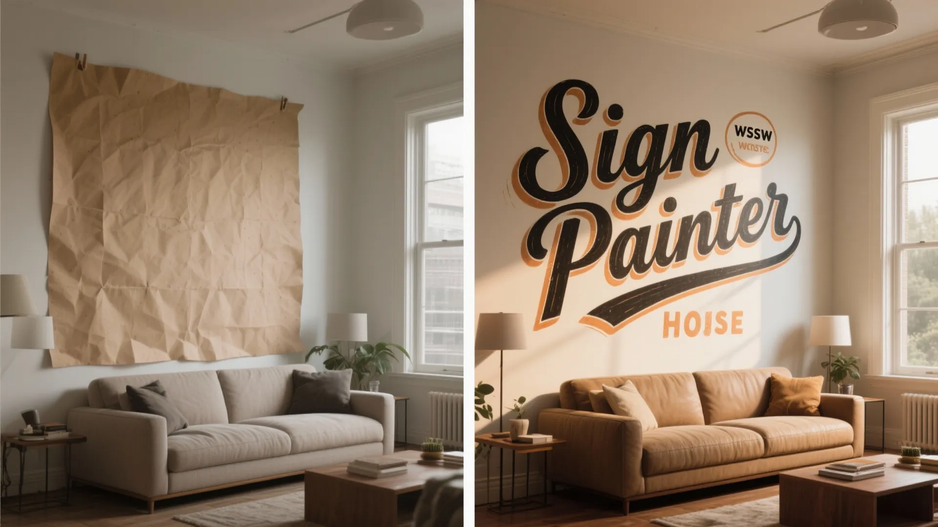 Before and after comparison of a living room wall with brown paper versus wall lettering