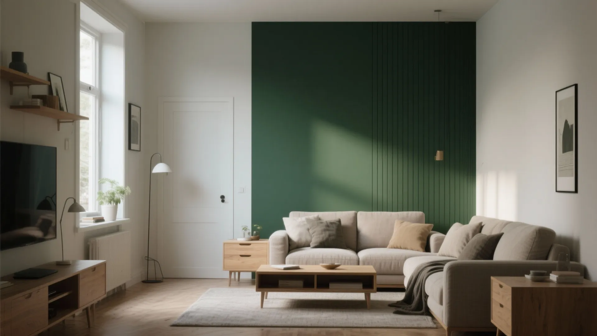 Modern living room featuring green wall panel beige sofa wooden coffee table and white door