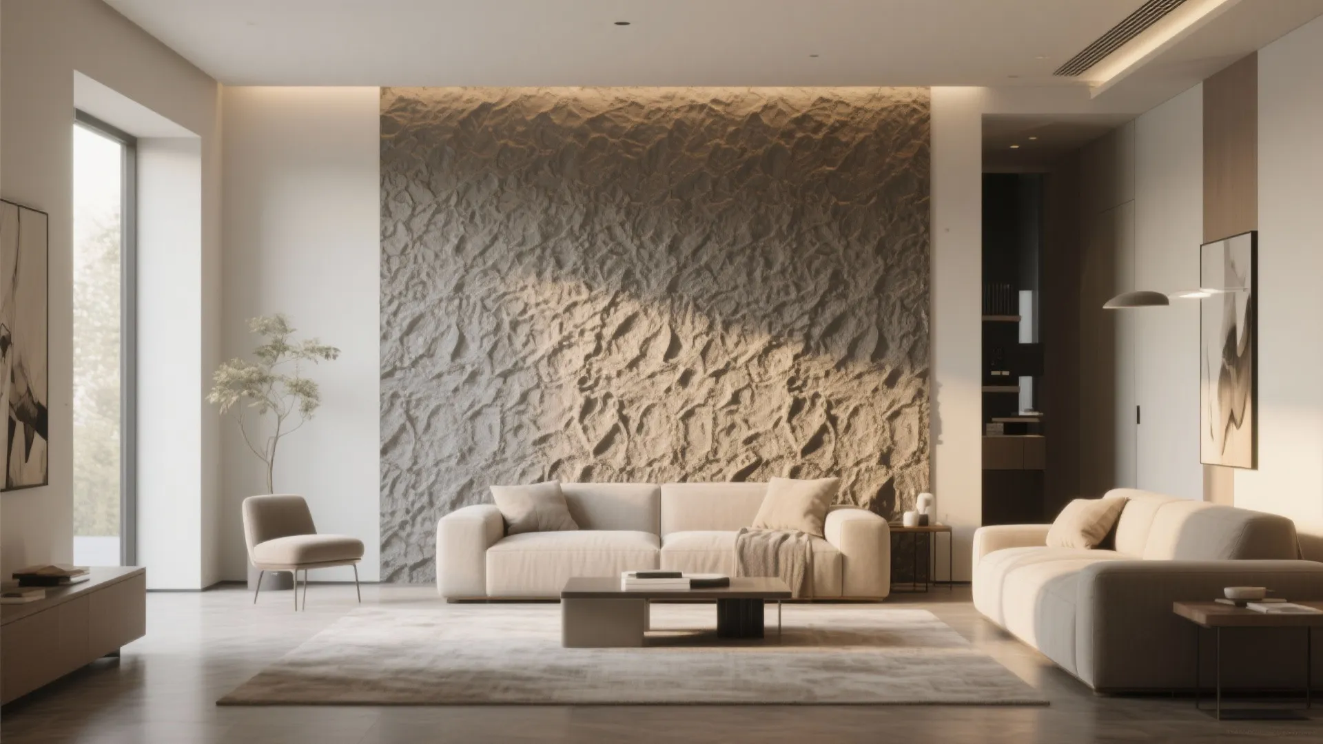 Modern living room with a textured stone wall behind two beige sofas and minimalist furniture