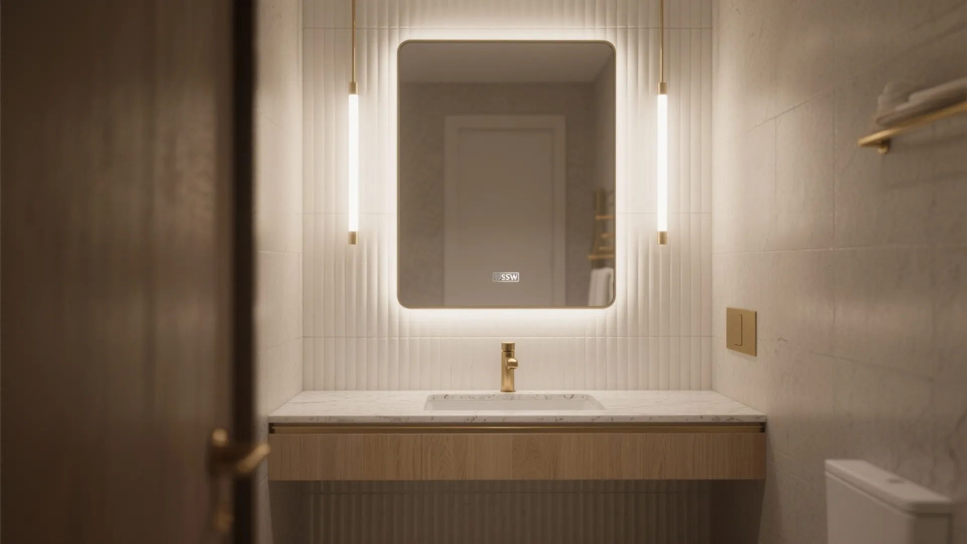 Textured feature wall behind the vanity