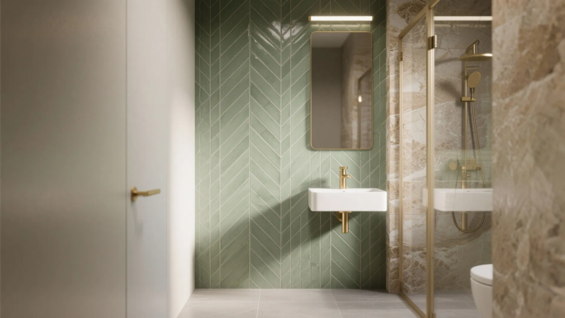Vertical herringbone eucalyptus green feature wall behind a vanity, framed by large-format neutral tiles.