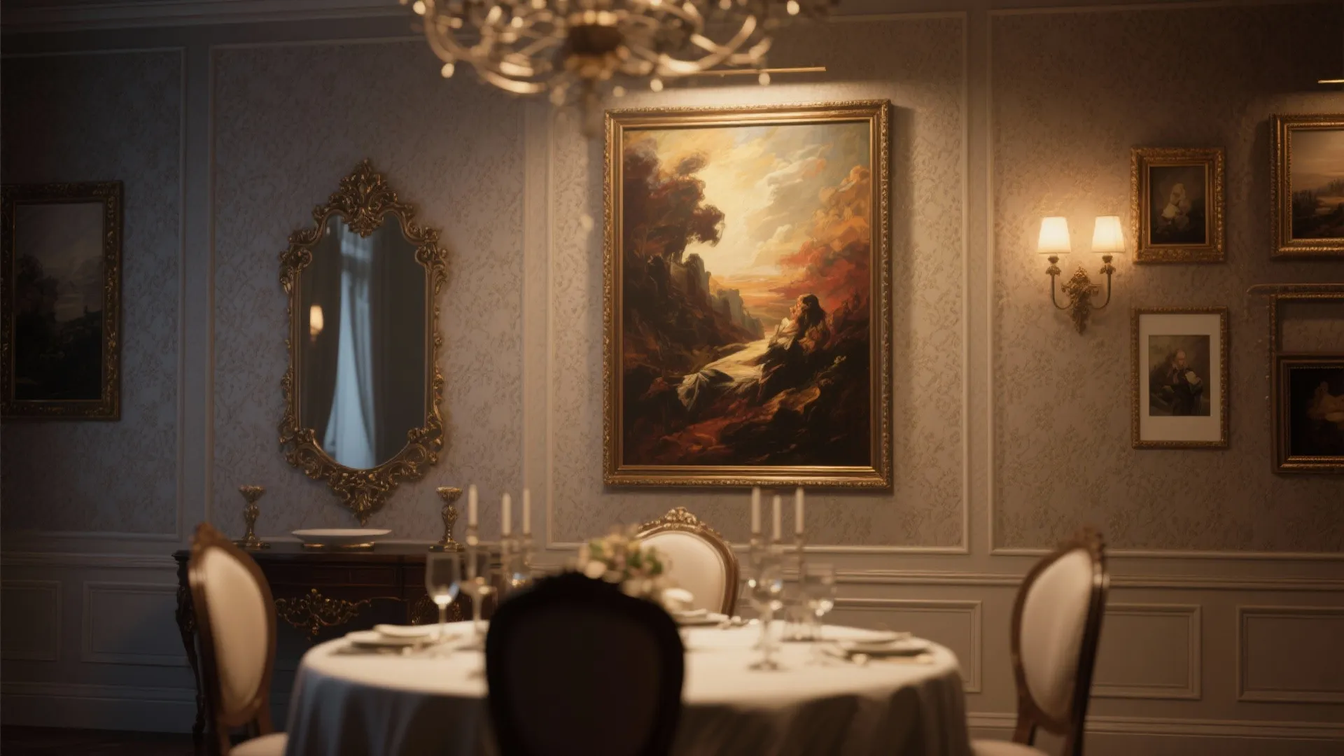 Classic dining room wall with gold framed painting wall light mirror and patterned wall panel
