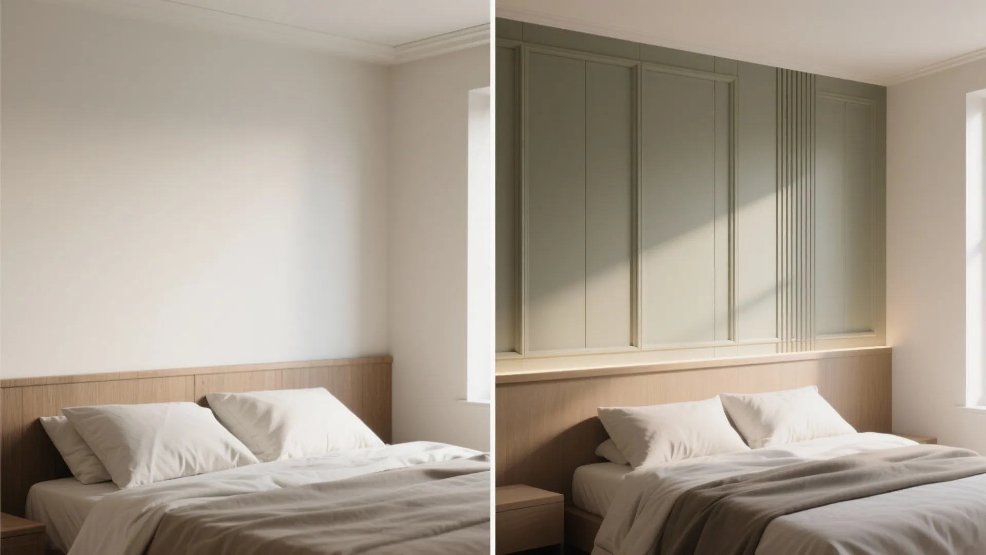 Before and after comparison of a plain white wall versus a green decorative wall panel