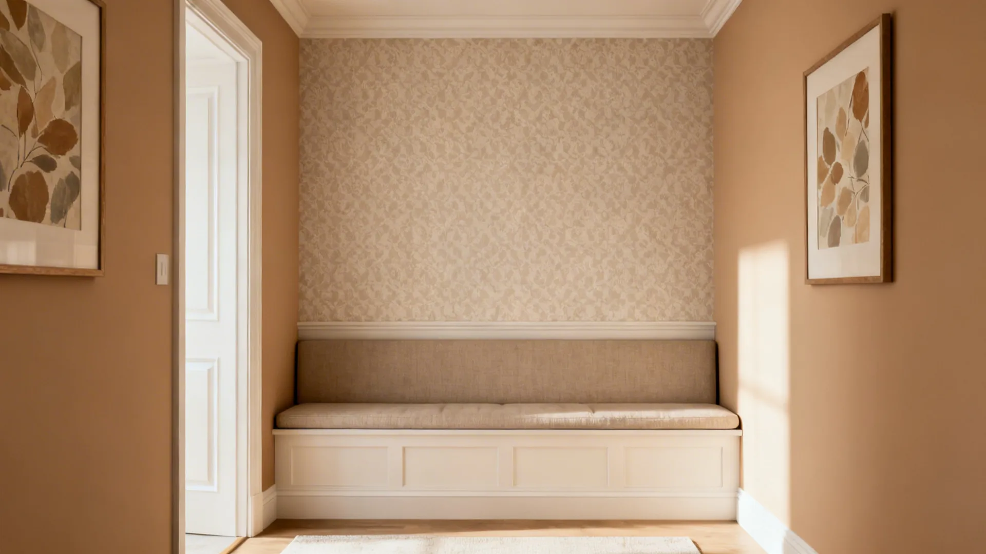 Feature wall with subtle peel-and-stick wallpaper behind a dining banquette.
