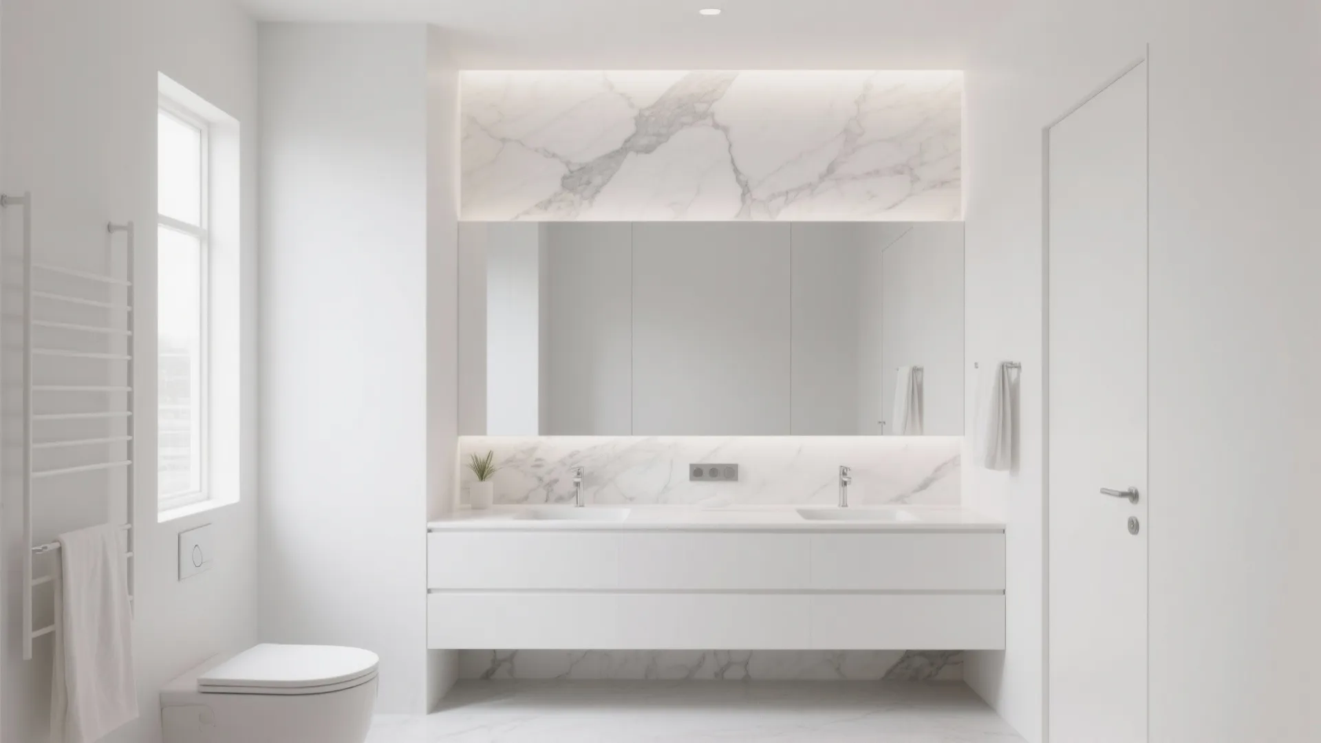 Minimalist white bathroom featuring marble wall panel large mirror double sink vanity and white toilet unit