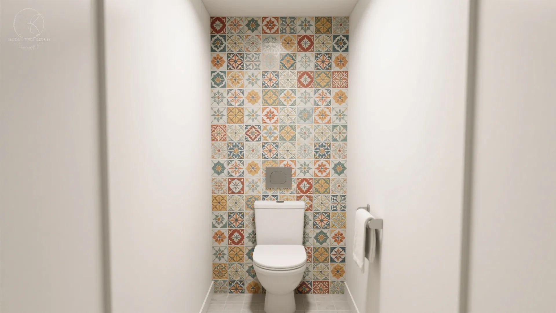 Small white bathroom with a colorful patterned wall behind a toilet and white towel rack
