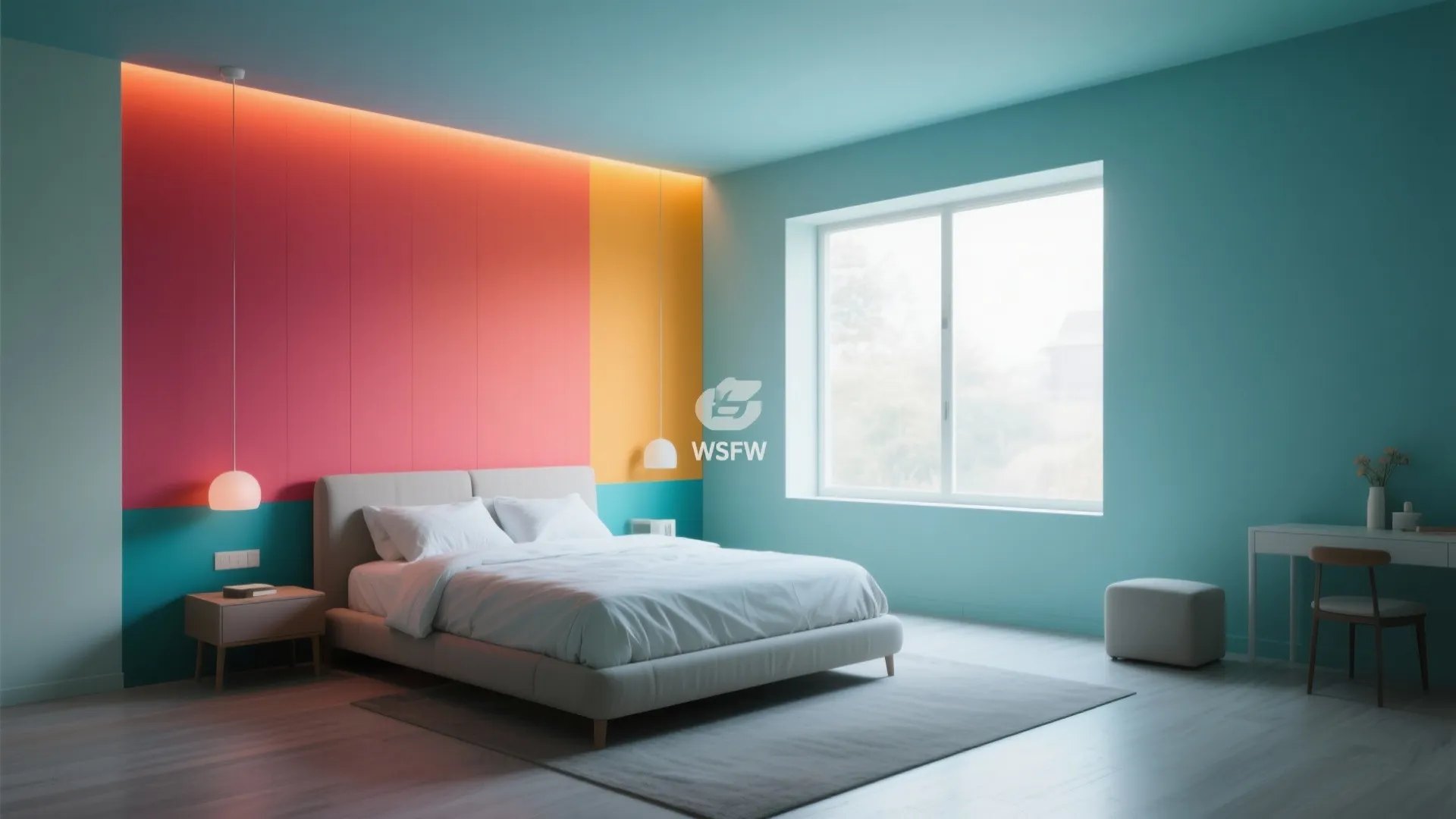 Bold color short wall feature making room appear wider