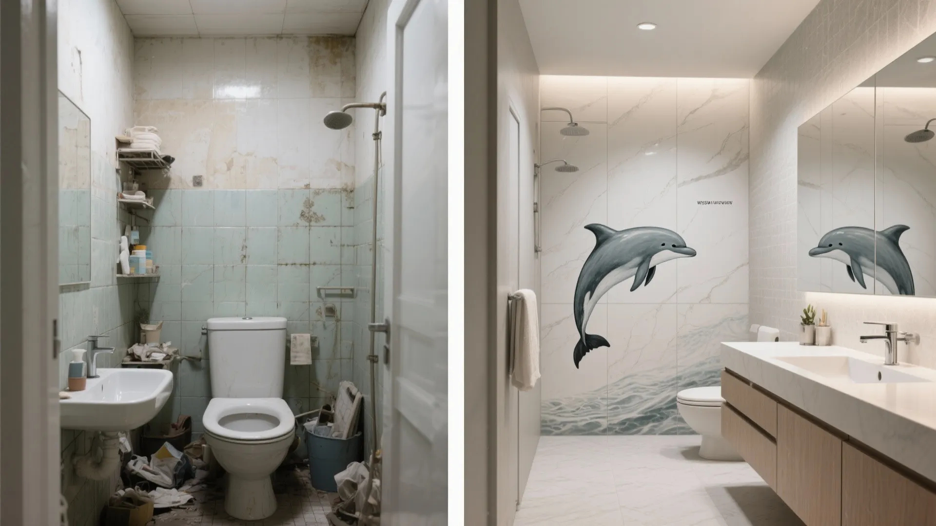 Before-and-after comparison of a messy old bathroom versus a clean modern dolphin themed bathroom design