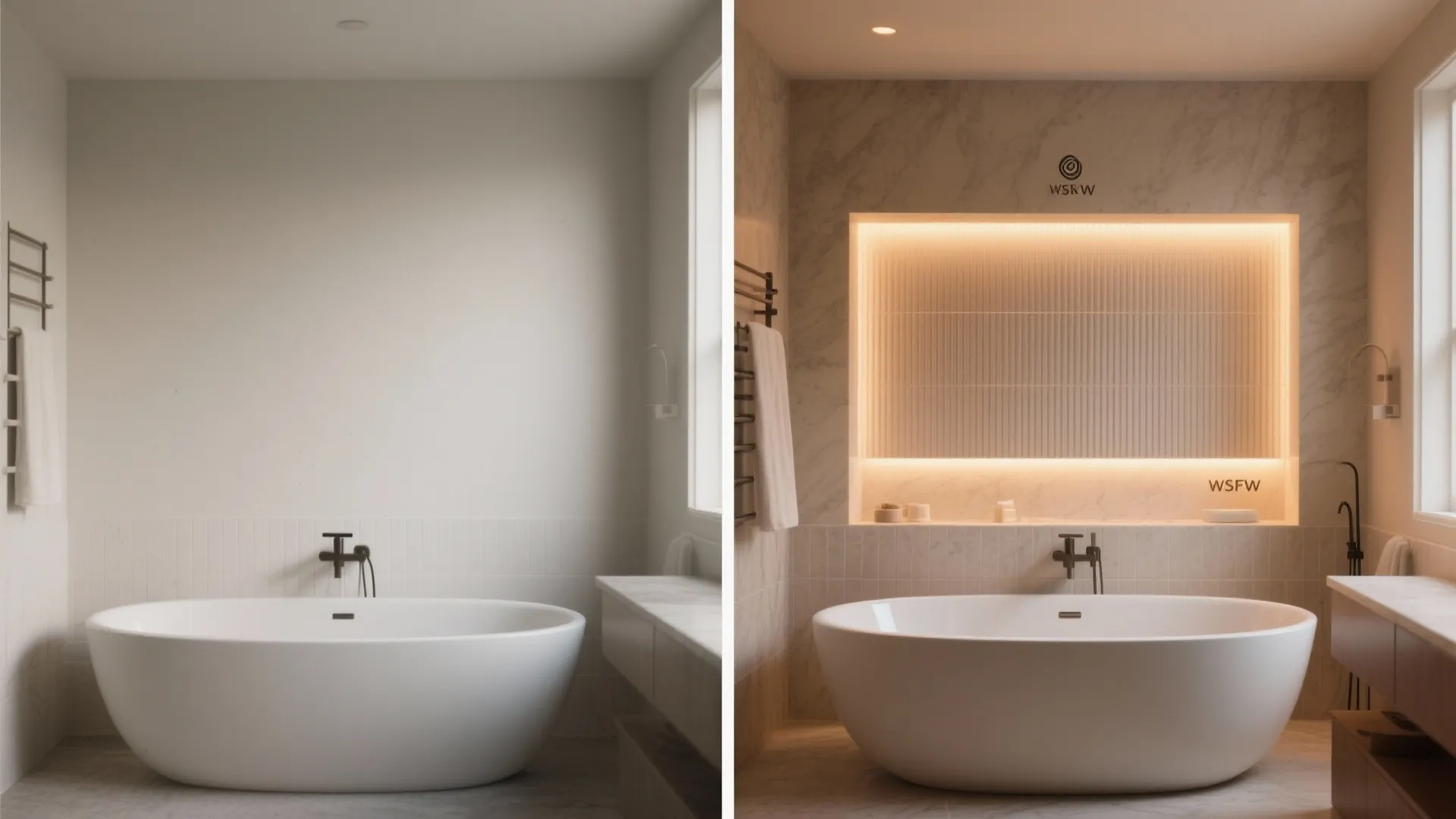 Before-and-after comparison of a plain white bathroom wall and a modern wall with warm lighting