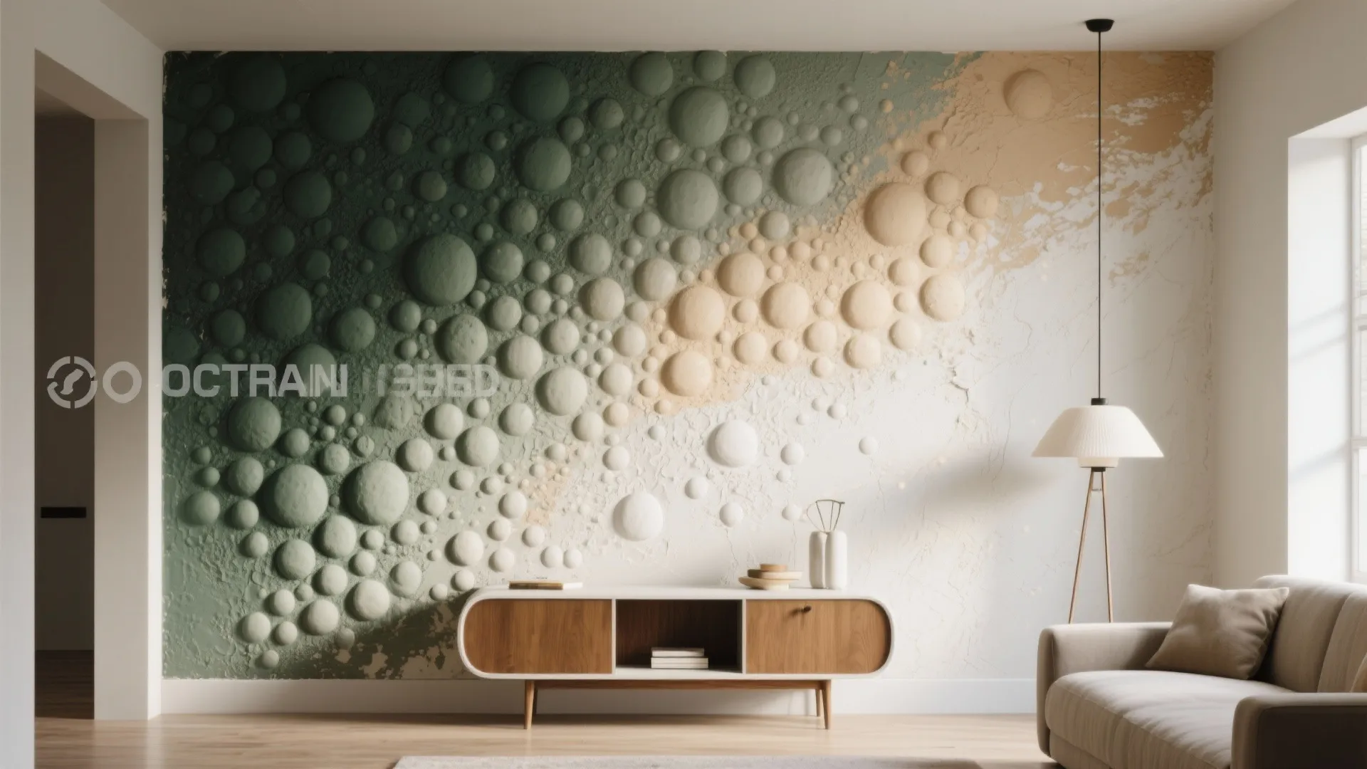 Modern living room with green and beige bubble wall panel wooden cabinet sofa and light