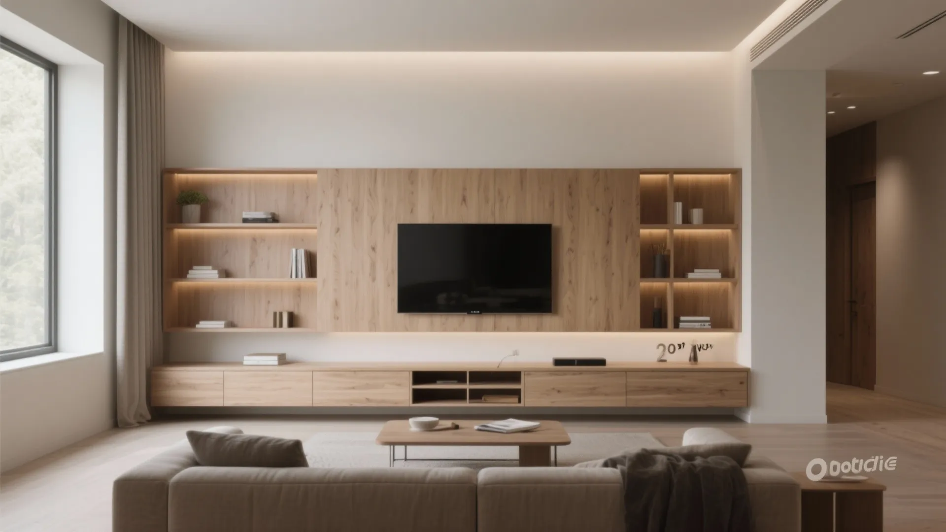 Modern living room featuring large wood wall cabinet with integrated television and warm glowing shelf lighting
