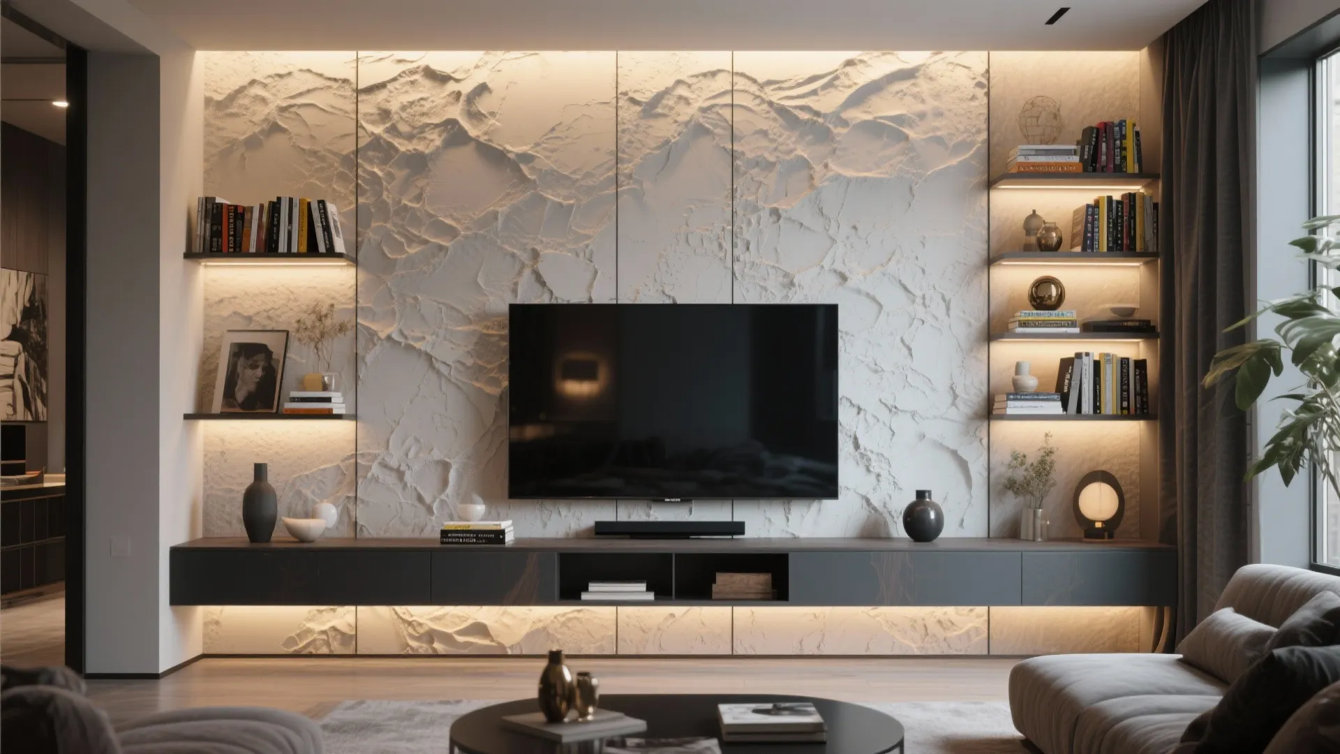 Modern living room TV wall with stone wall panel, black cabinet, lit shelves, and books