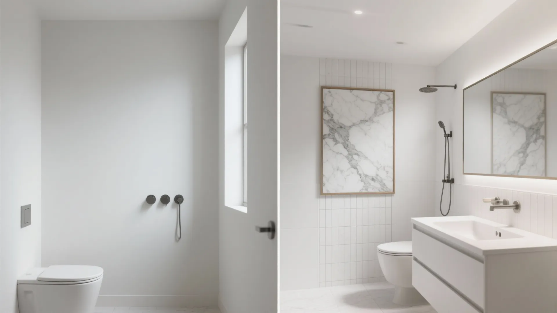 Before and after comparison of a minimalist white bathroom showing toilet sink and wall art