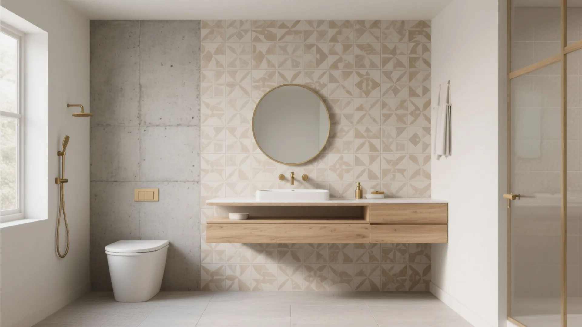 Minimalist bathroom with round mirror patterned wall tiles wood vanity white toilet and gold fixtures