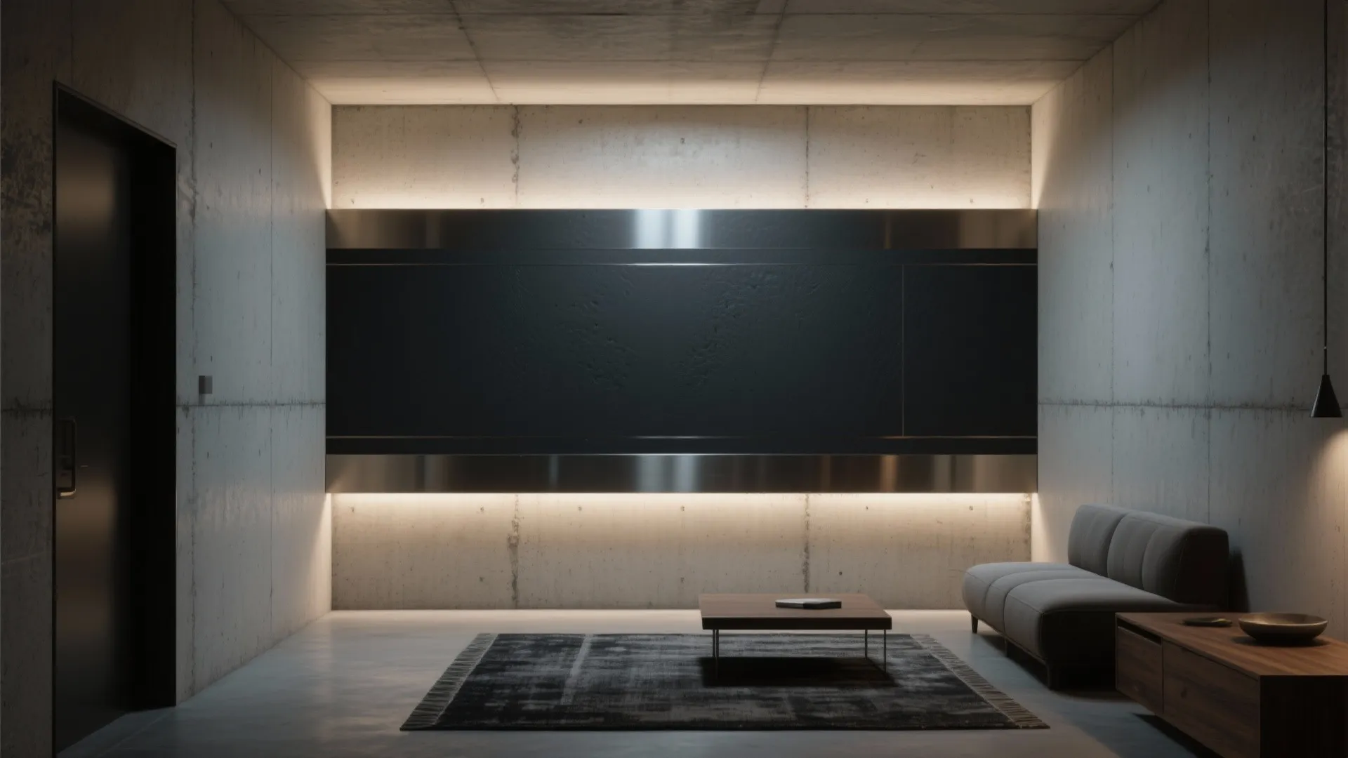 Modern living room with concrete walls black feature panel warm wall lights sofa and rug