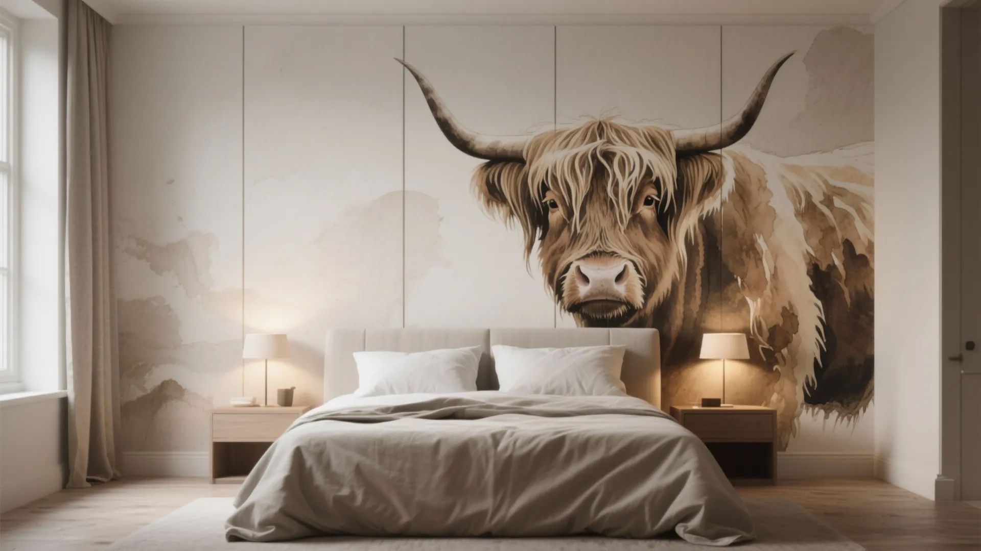Modern bedroom featuring a large cow wall mural with neutral bedding and wooden side tables