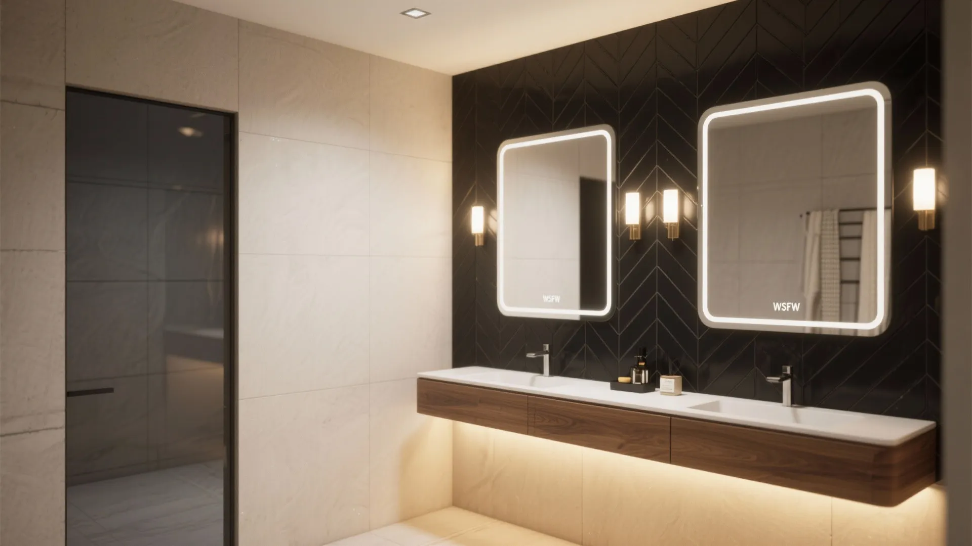 Feature wall in herringbone or hex, balanced by layered lighting